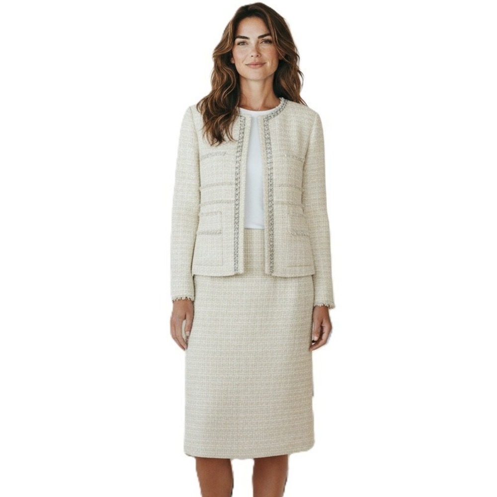 St John Tweed Knit Jacket Womens 10 Ecru Ivory Beaded Eyelash Fringe NWT 2024